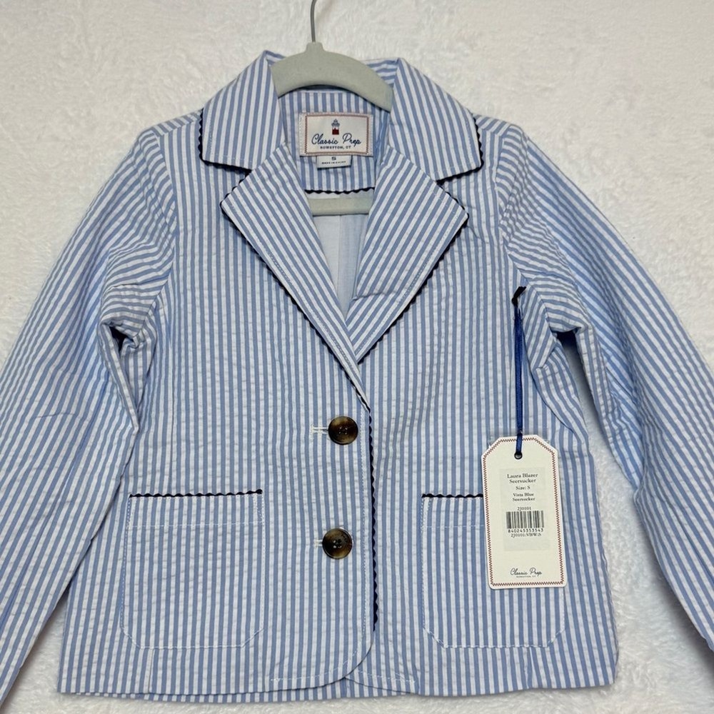 Classic Prep Laura Blazer Seersucker Blue Kids S 4T/5 Nautical Academia Chic